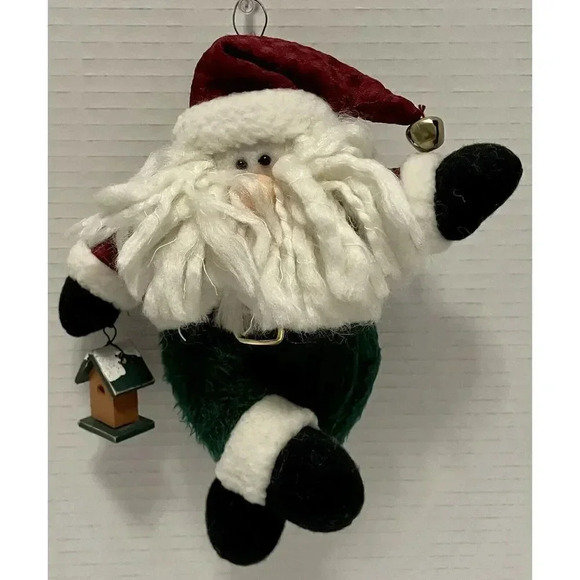 Santa Ornament Plush Santa Claus With Green Pants Holding Birdhouse 8” Christmas - Picture 1 of 2